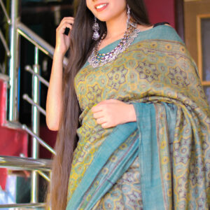natural dying  hand block printed green color handwoven tusser silk ajrakh saree
