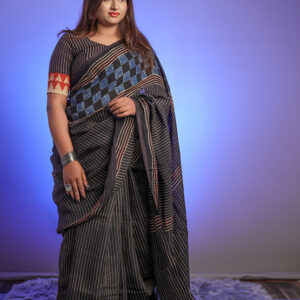 natural dying hand block printed kala cotton ajrakh saree