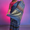 Natural dying hand block printed indigo modal silk Ajrakh saree - Image 2