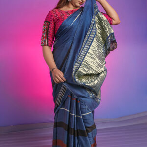 Natural dying hand block printed indigo modal silk Ajrakh saree