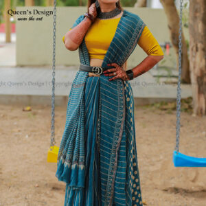 Indigo Handblocked printed kota doria Saree with Ajrakh Patchwork