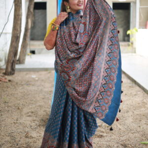 Pure Hand block Print Modal Silk Indigo Color Ajrakh Saree