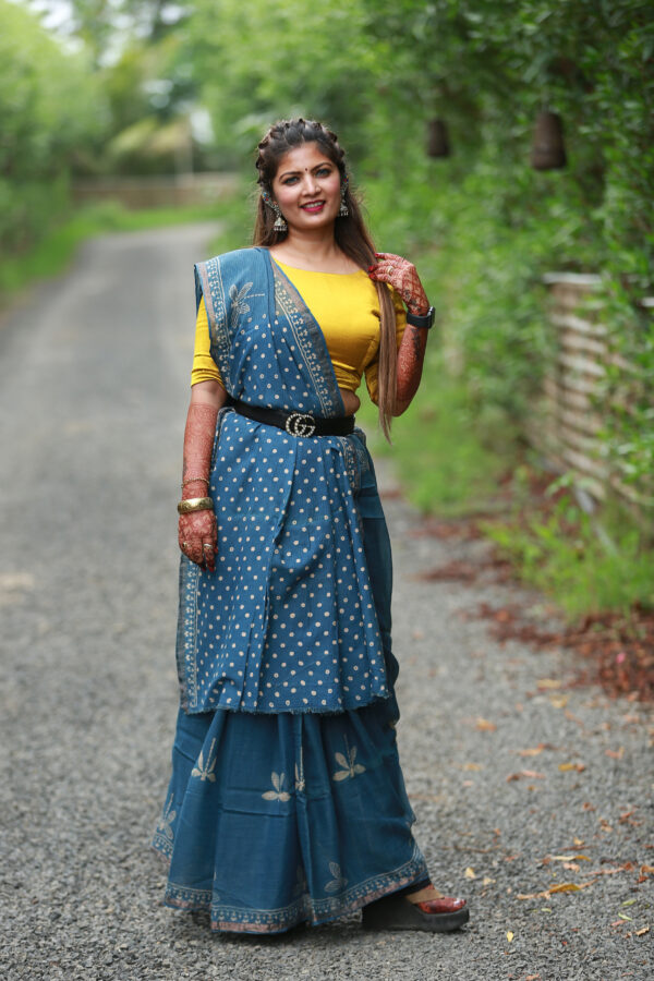 indigo color pure hand woven ajrakh kota doria saree