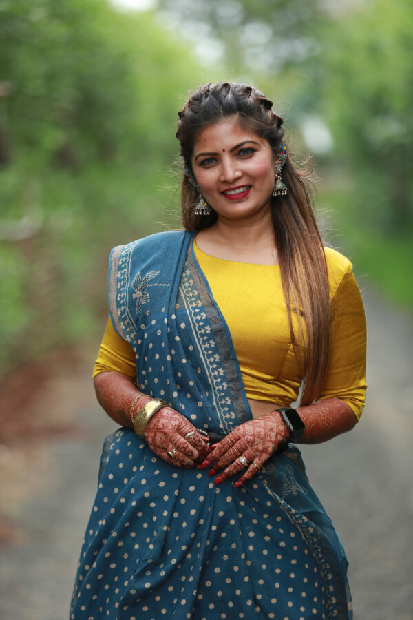 indigo color pure hand woven ajrakh kota doria saree - Image 6
