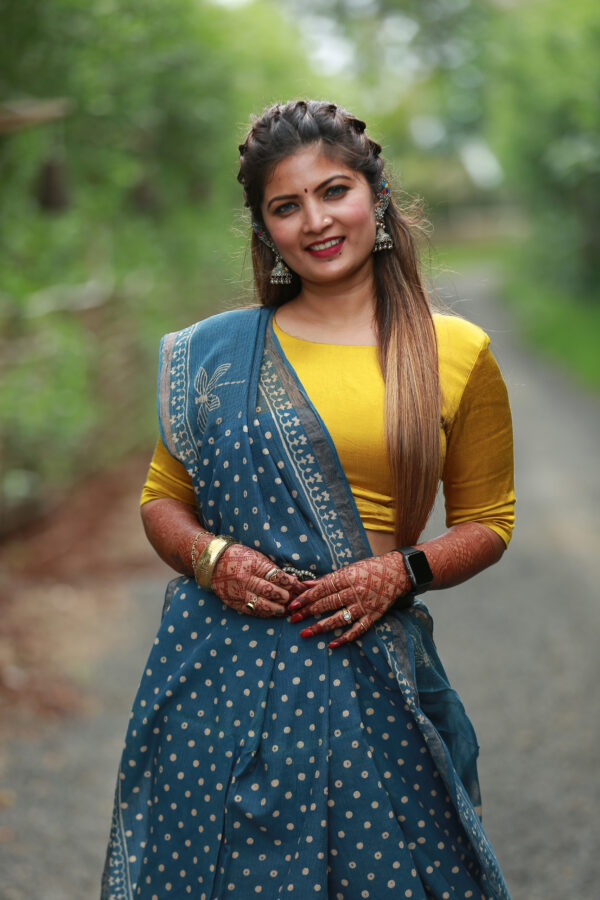 indigo color pure hand woven ajrakh kota doria saree - Image 7
