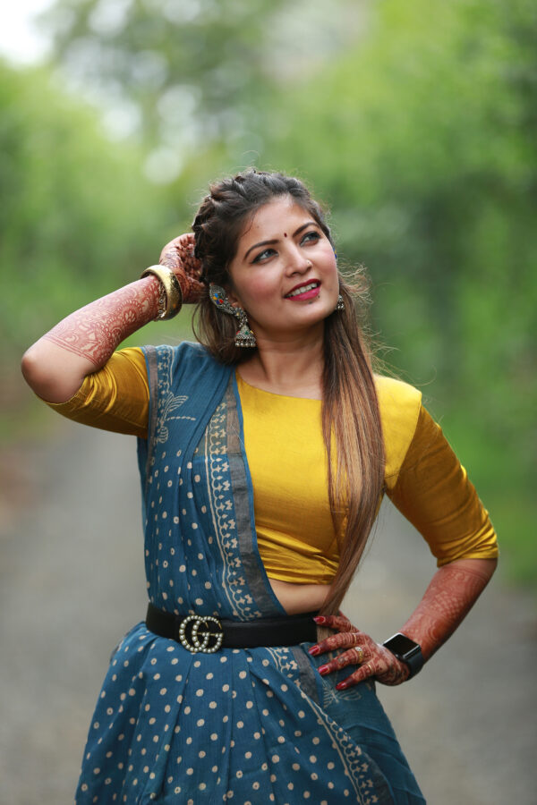 indigo color pure hand woven ajrakh kota doria saree - Image 8