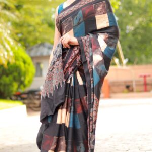 natural dying hand block printed multi color modal silk ajrakh saree