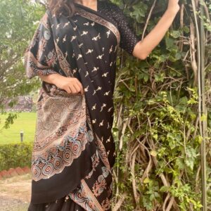 natural dying hand block printed bird motifs modal silk ajrakh saree