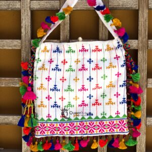 Hand worked kala cotton potli bag - White